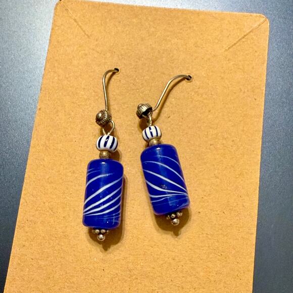 4 for $20 Sale- Handcrafted Blue & White Swirly Tubular Glass Bead Earrings - Picture 1 of 6